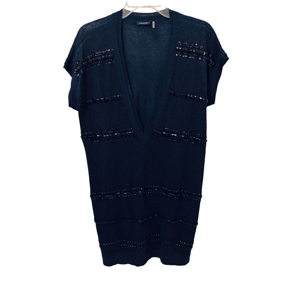 Women's Med MAGASCHONI Tunic Linen Silk Beaded Navy Blue v-neck